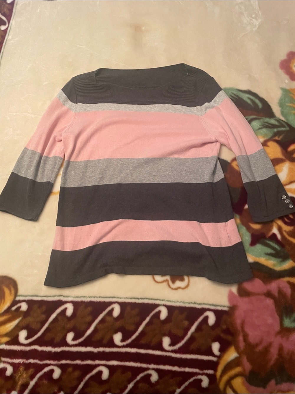 Striped Pink and Gray Women's Knit Sweater Size Petite Medium